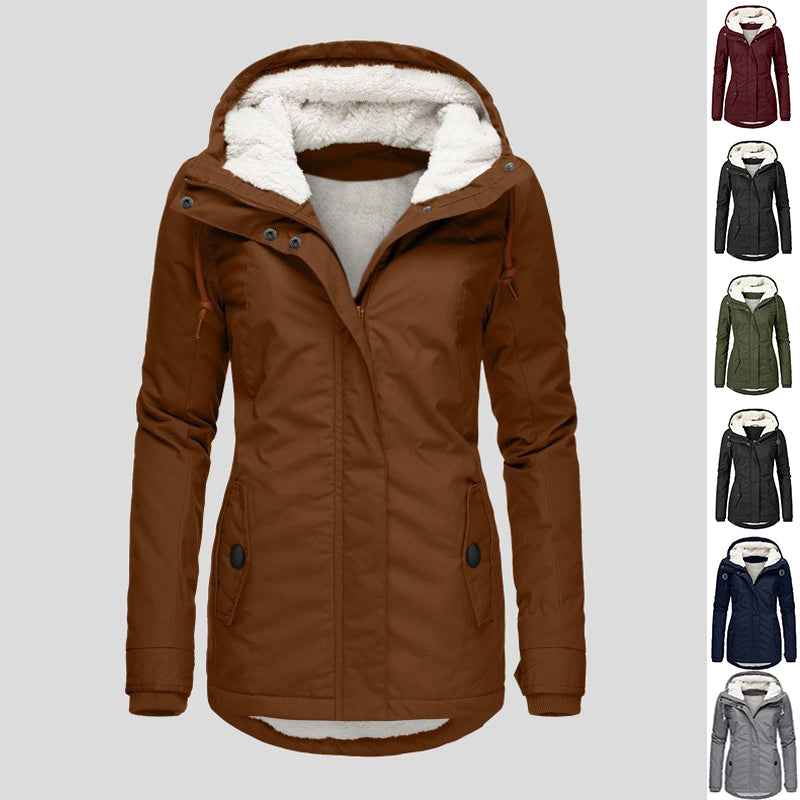 Sarah Express Women's Winter Hooded Fleece Jacket - Warm Buckle Zip-Up Coat with Pockets