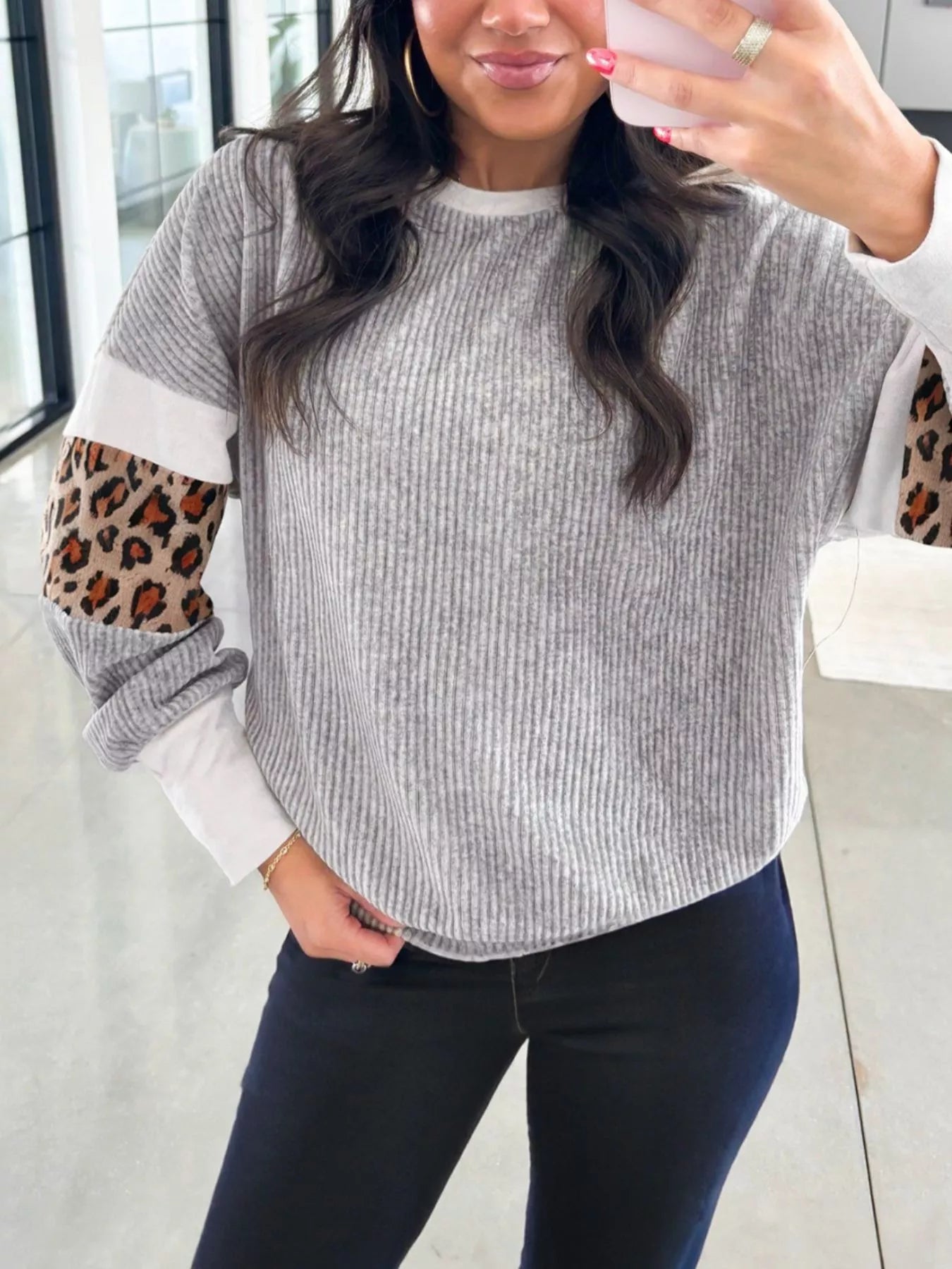 Sarah Express Women's Leopard Long Sleeve Top Gray