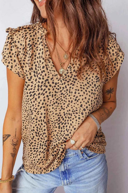 Sarah Express Women's Cheetah Print Ruffle V-Neck Blouse Short Sleeve Shirred Top