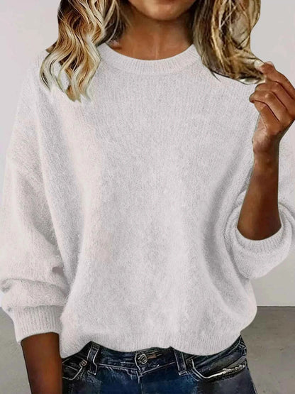 Sarah Express Women's Round Neck Dropped Shoulder Sweater - Plus Size White