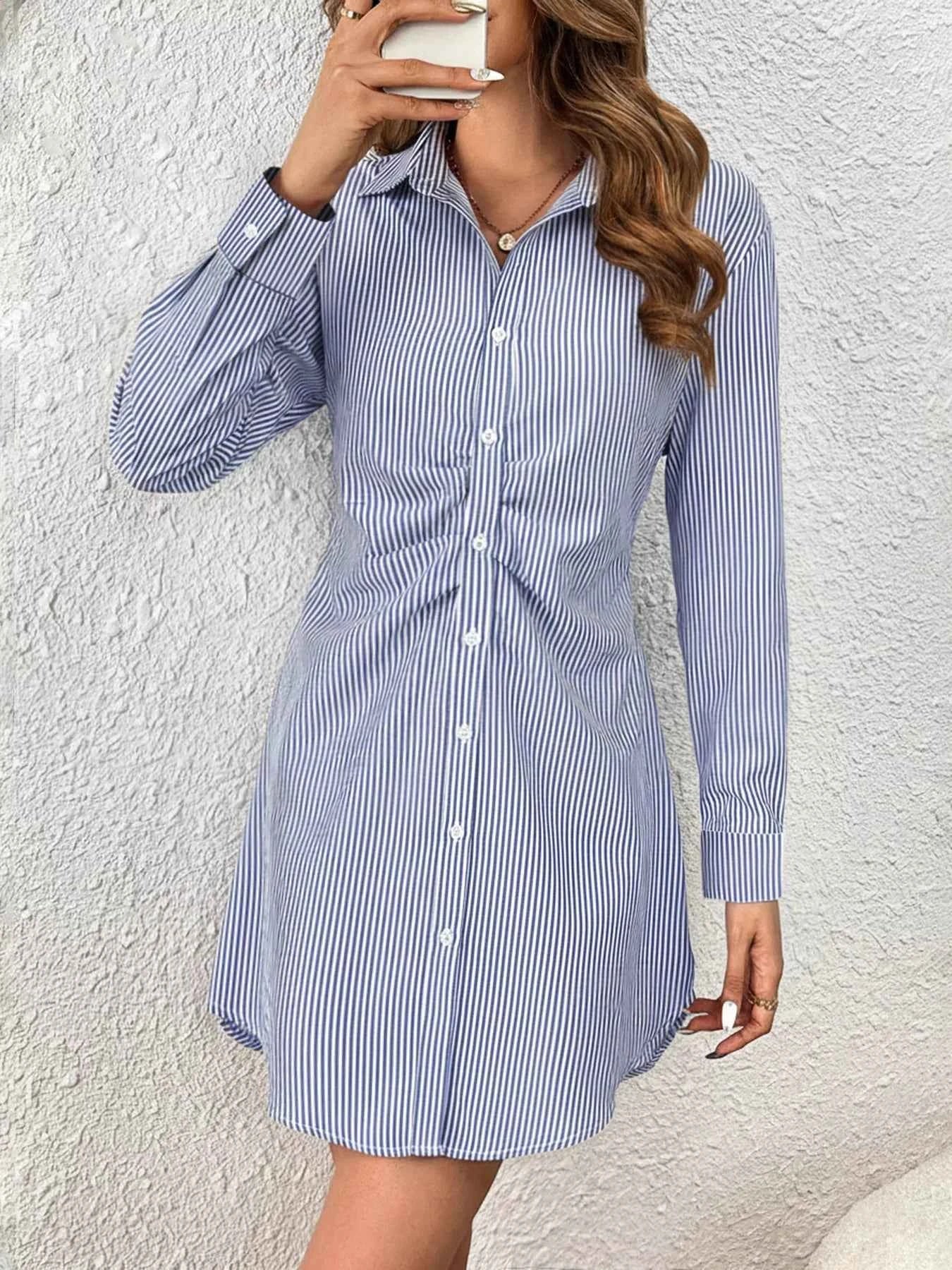 Sarah Express Women's Striped Button-Up Shirt Dress - Long Sleeve Casual Midi Dress Blue