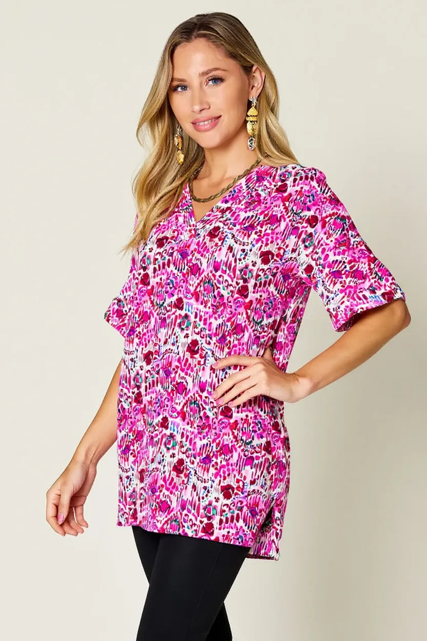 Sarah Express Women's Printed V-Neck Short Sleeve Blouse