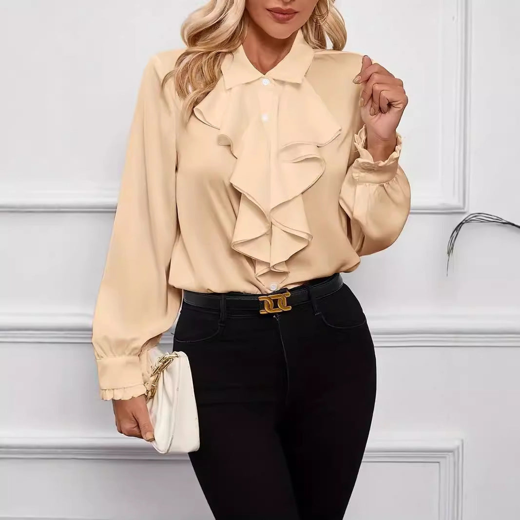 Sarah Express Women's Ruffled Long Sleeve Blouse Professional Work Shirt