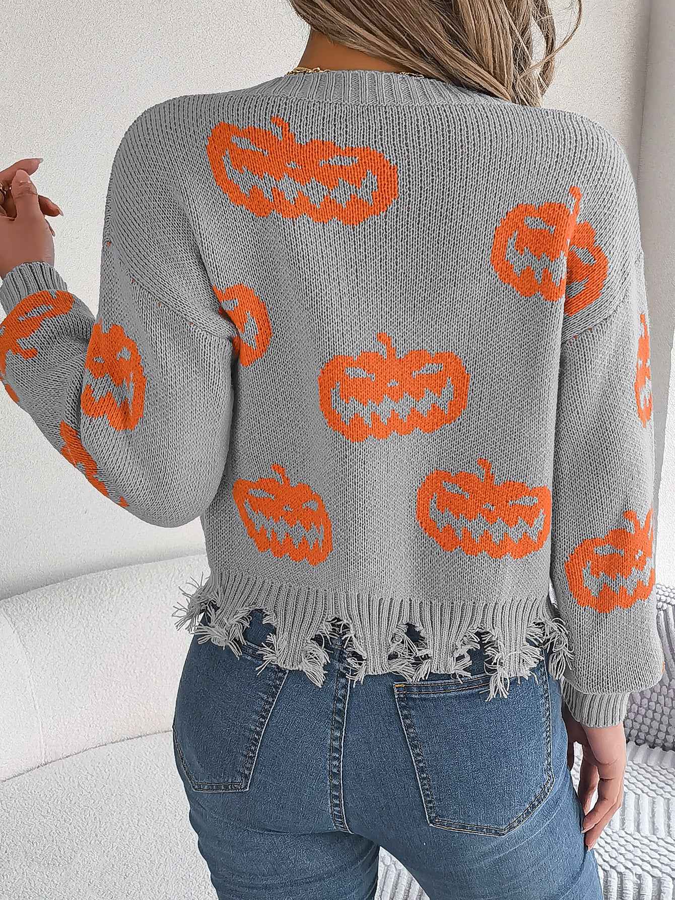 Sarah Express Women's Color Block Pumpkin Distressed Pullover Sweater Long Sleeve Knitwear