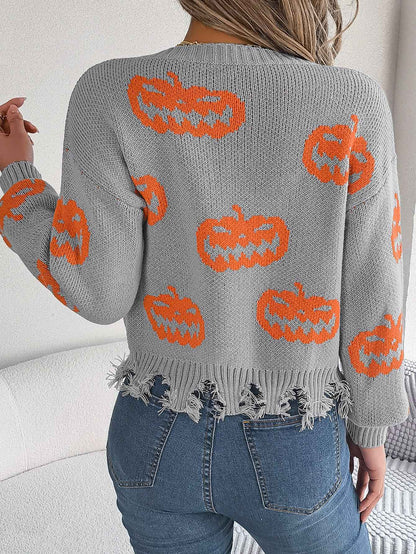 Sarah Express Women's Color Block Pumpkin Distressed Pullover Sweater Long Sleeve Knitwear