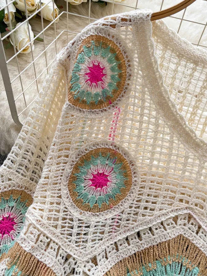 Sarah Express Women's Crochet V-Neck Knit Cover Up - Openwork Beach Cardigan