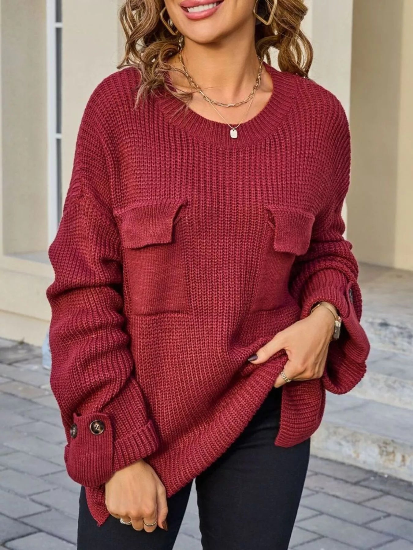 Sarah Express Women's Pocket Detail Round Neck Sweater - Button Front Cardigan