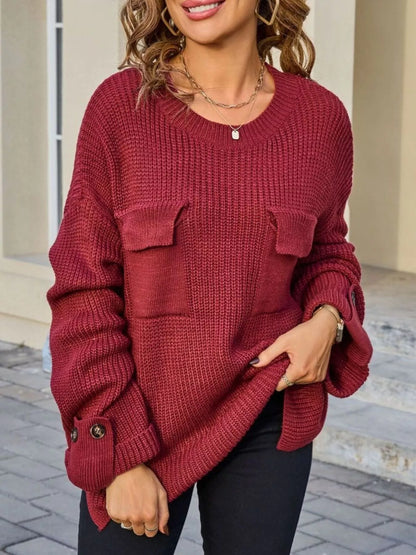 Sarah Express Women's Pocket Detail Round Neck Sweater - Button Front Cardigan