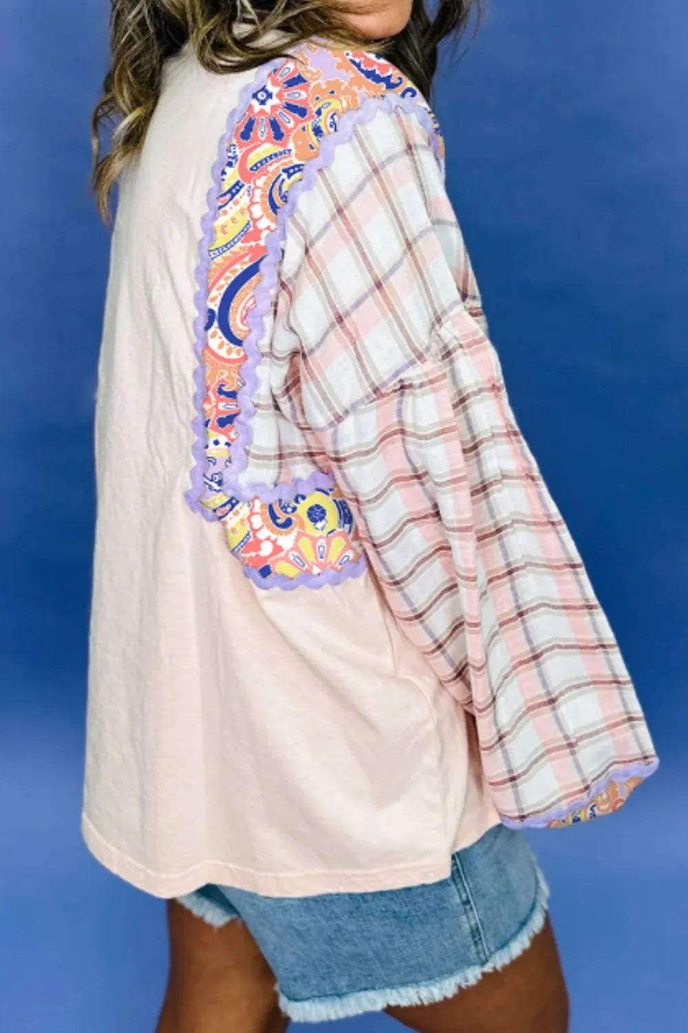 Sarah Express Women's Paisley Print Plaid Long Sleeve Oversized Top