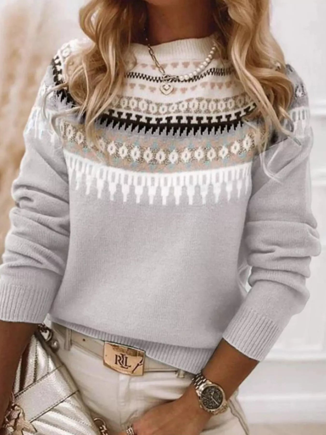 Sarah Express Women's Vintage Patterned Round Neck Sweater Plus Size Light Gray