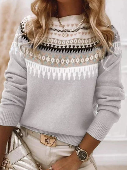 Sarah Express Women's Vintage Patterned Round Neck Sweater Plus Size Light Gray