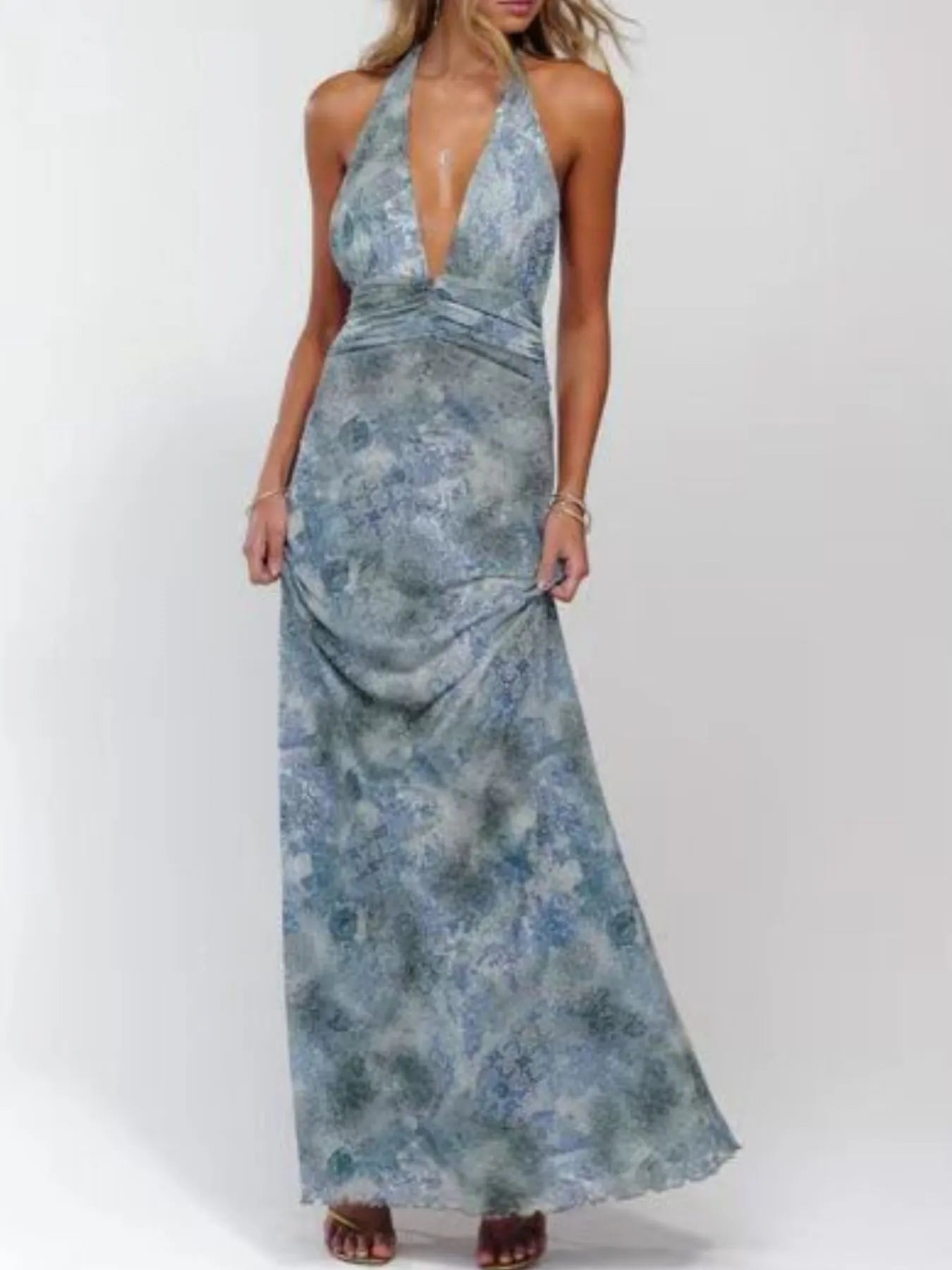 Sarah Express Women's Floral Halter Neck Deep V Maxi Dress Sea blue