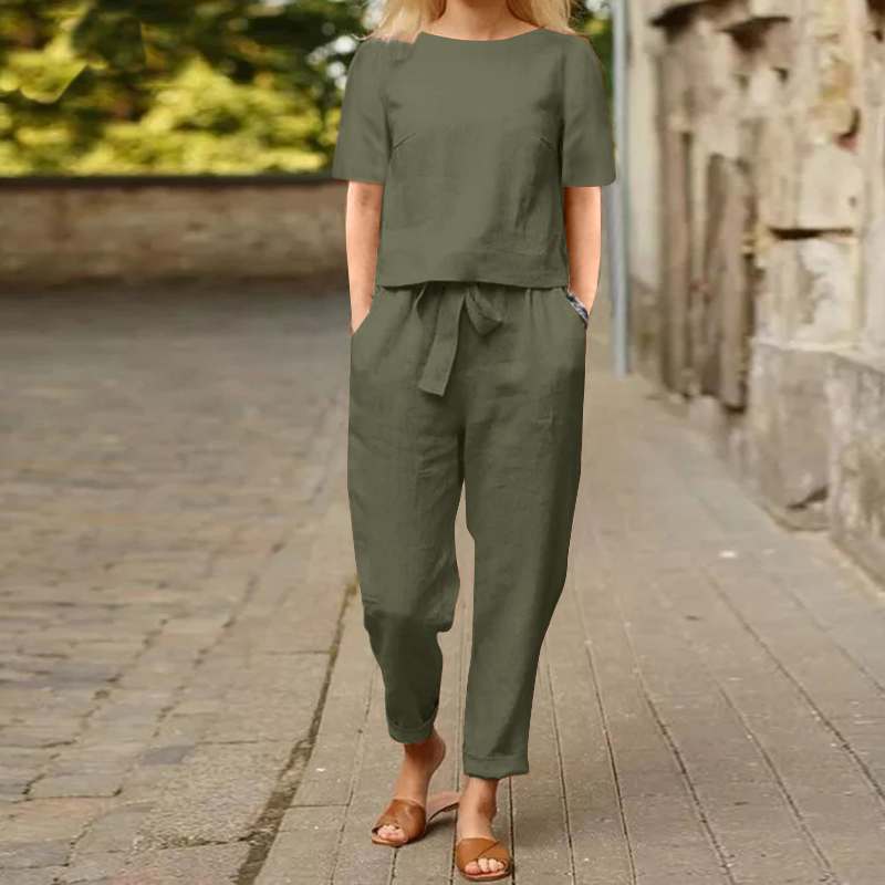 Sarah Express Women's Cotton Linen Top and Wide-Leg Pants Two-Piece Casual Set