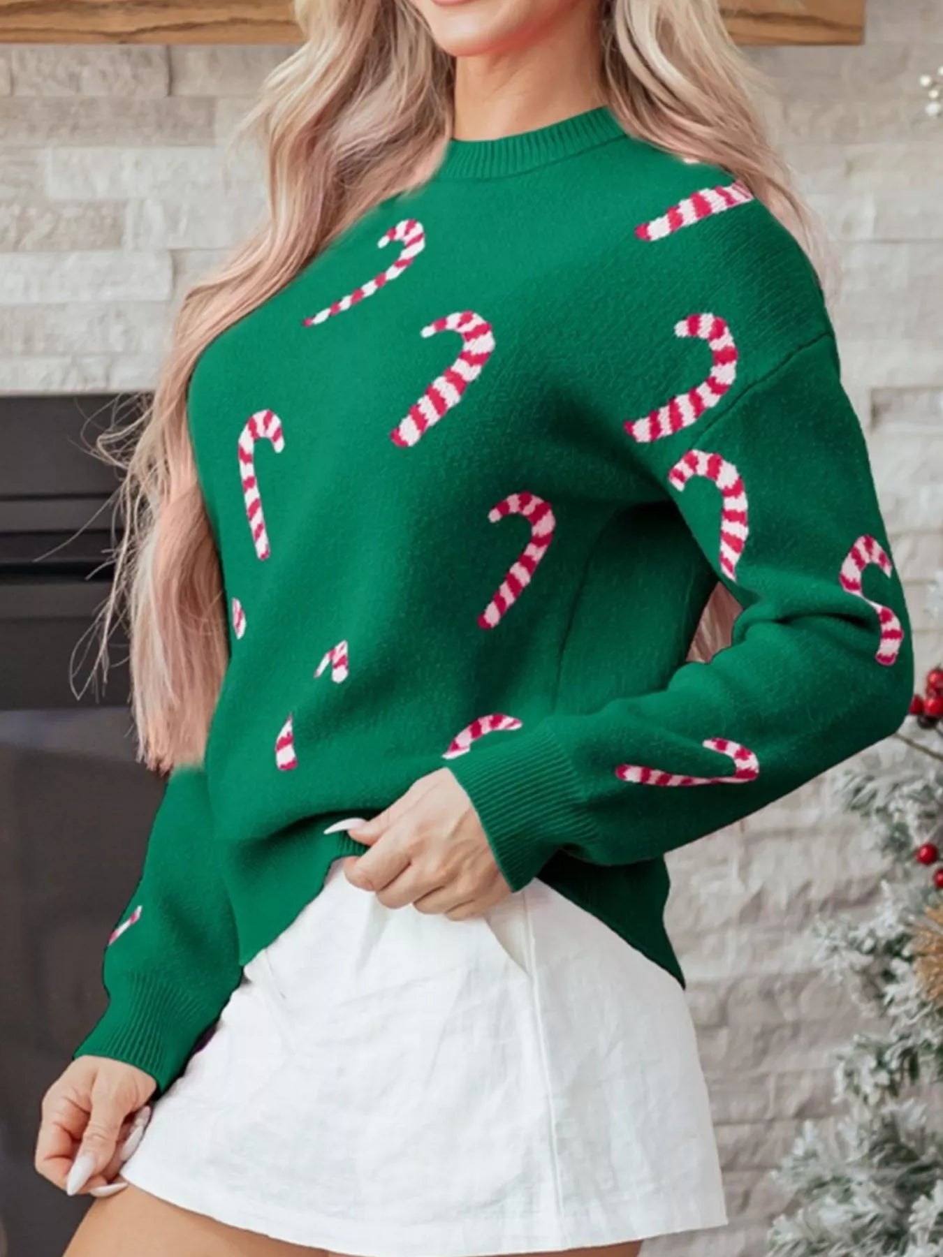 Sarah Express Women's Christmas Candy Cane Holiday Drop Shoulder Sweater