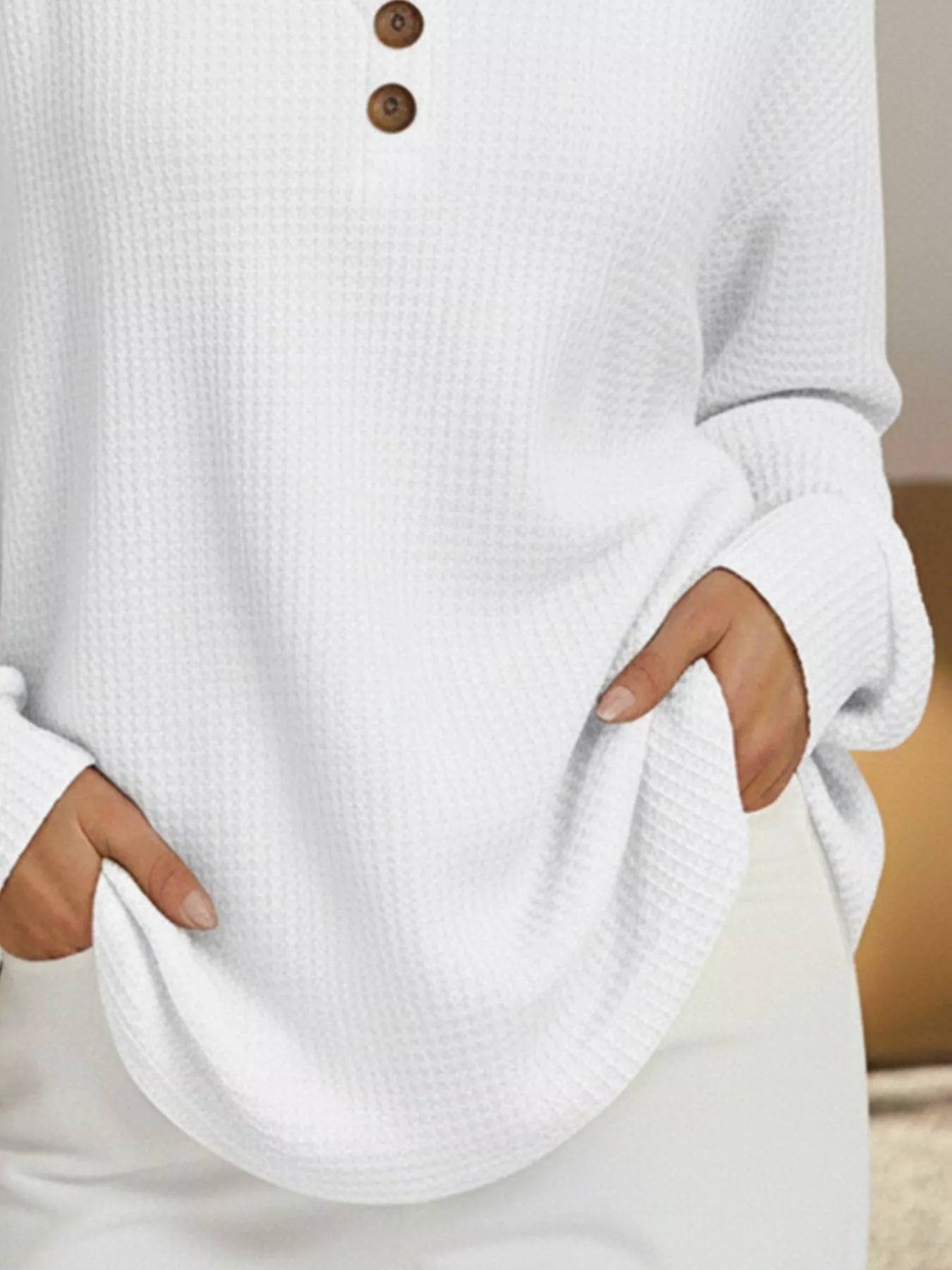 Sarah Express Women's Casual Waffle Knit V-Neck Long Sleeve T-Shirt