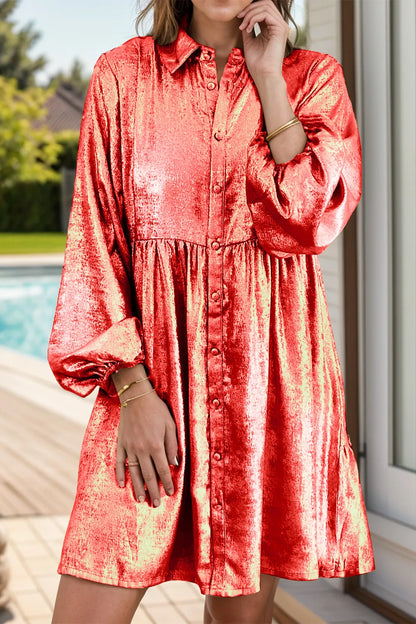 Sarah Express Women's Metallic Sheen Long Sleeve Mini Dress Burnt Coral