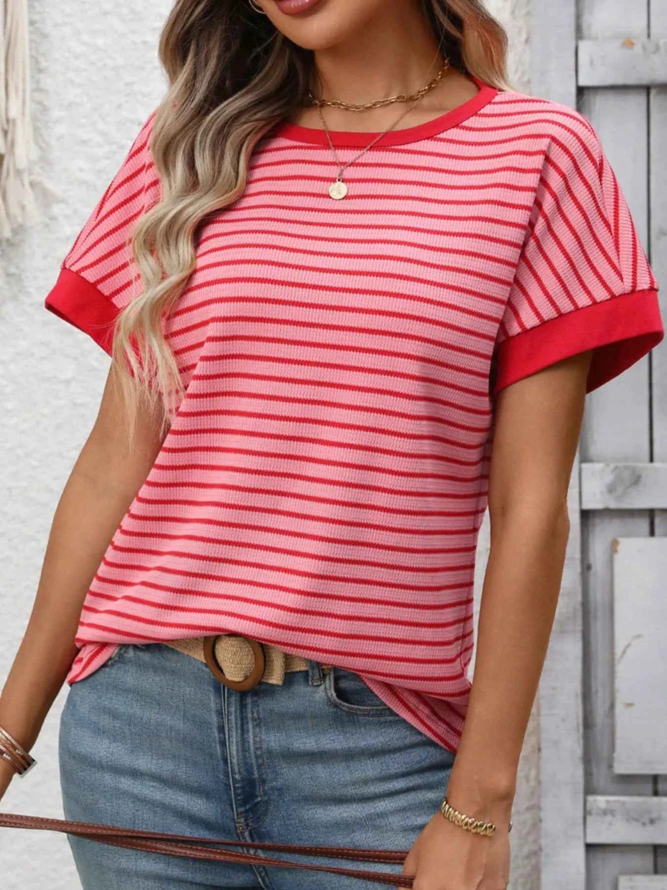 Sarah Express Women's Striped Ribbed Knit Short Sleeve T-Shirt