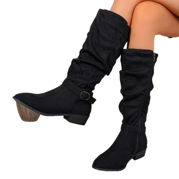 Sarah Express Belt Buckle High Shaft Suede Long Boots