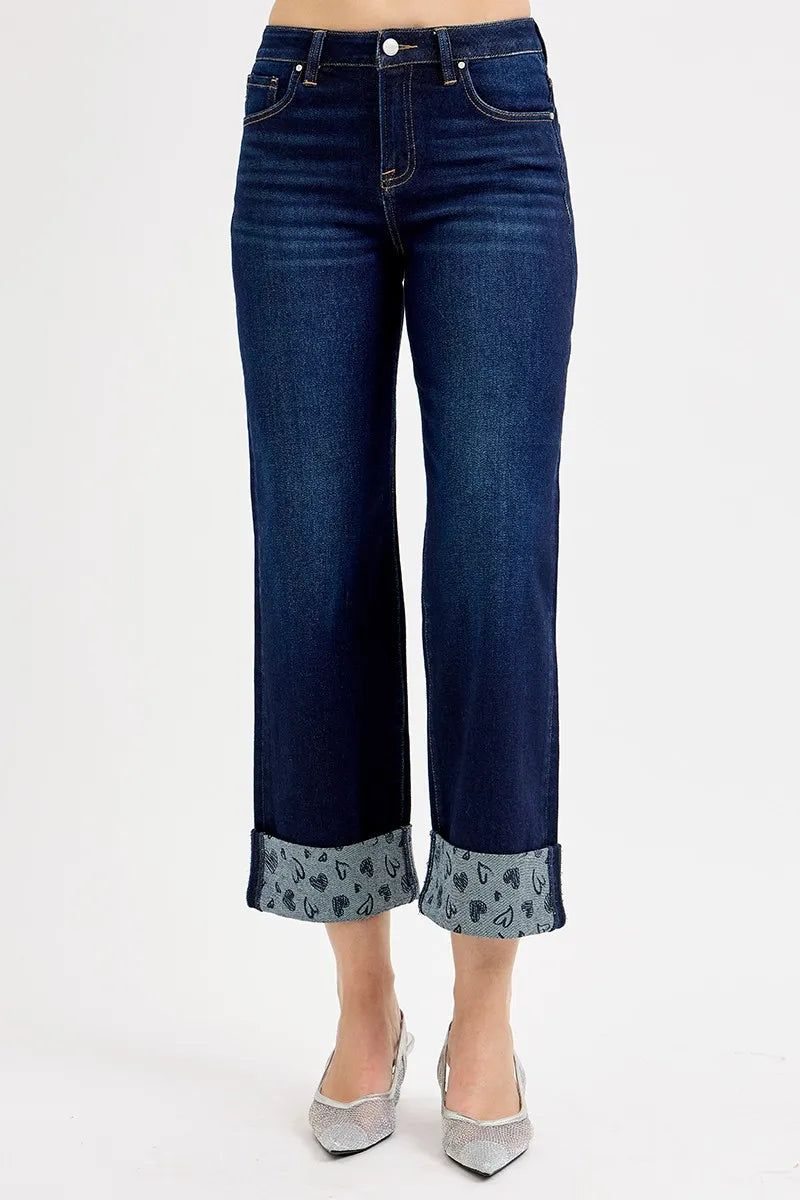 Sarah Express Women’s Plus Size Cropped Wide Leg Jeans with Printed Cuff
