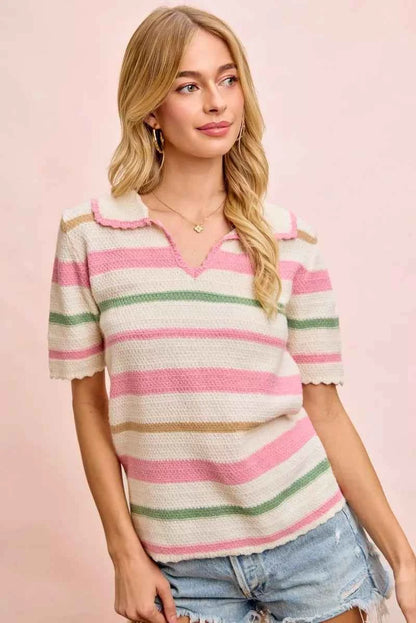 Sarah Express Women's Multi Color Striped Collared Knit Top - Ribbed Preppy Sweater