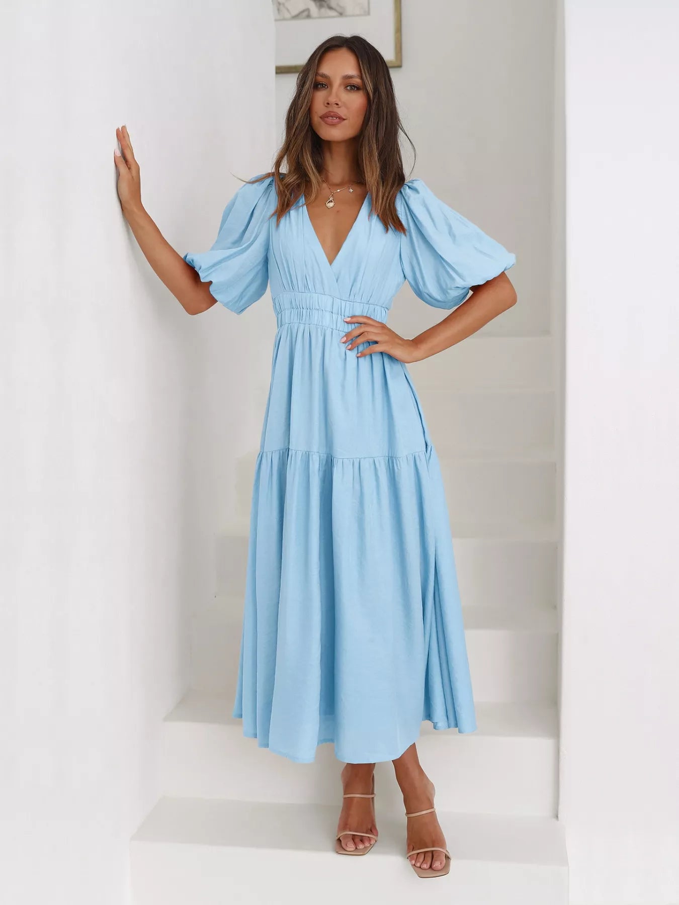 Sarah Express Women's Tiered Puff Sleeve Midi Dress Pastel Blue