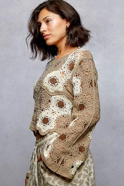 Sarah Express Women's Floral Weave Pattern Crochet Cropped Top with Beads Detail