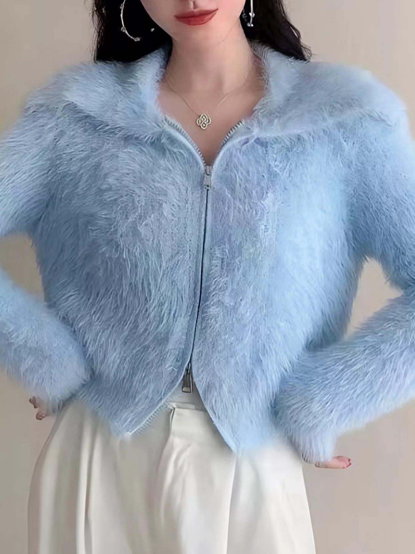 Sarah Express Women's Fluffy Knit Zip-Up Cardigan Blue One Size