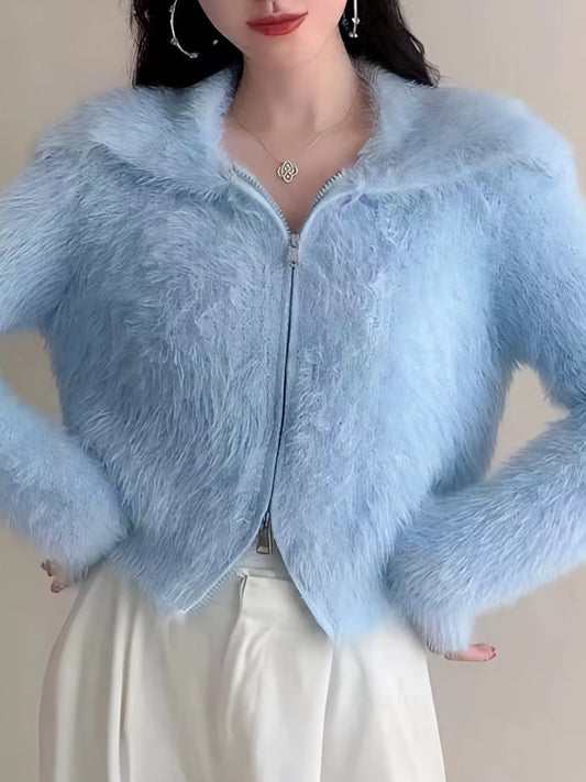 Sarah Express Women's Fluffy Knit Zip-Up Cardigan Blue One Size