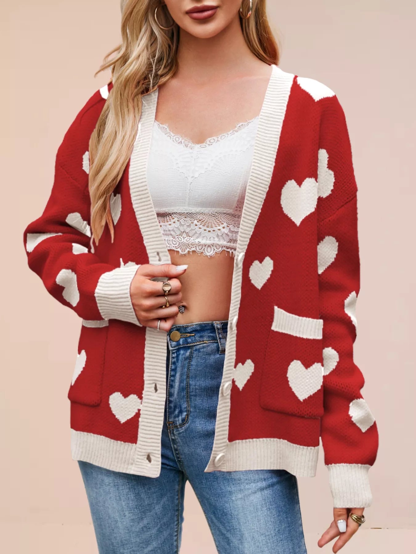 Sarah Express Women's Heart Pattern Button-Up Knit Cardigan