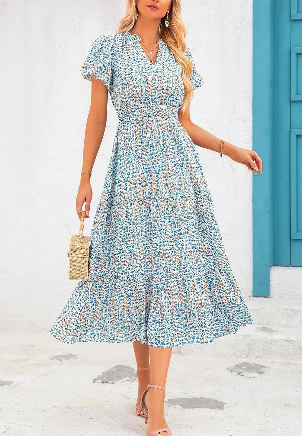 Sarah Express Floral V-Neck Bubble Pleated Maxi Dress Elastic Waist Short Sleeve