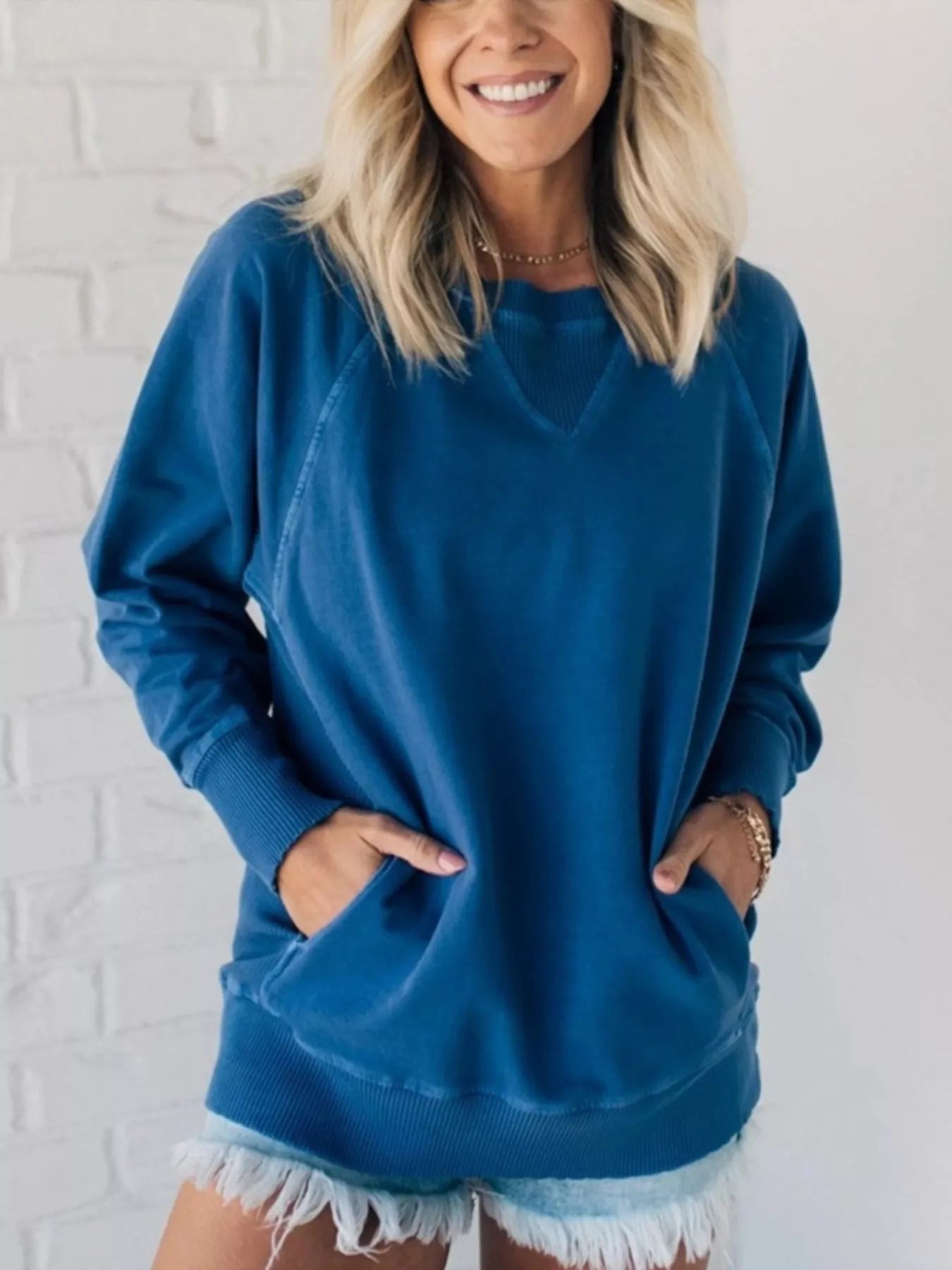 Sarah Express Women's Crew Neck Raglan Sleeve Sweatshirt - Casual Pullover Top Dark Blue