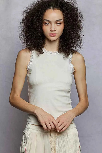 Sarah Express Women's Cropped Tank Top with Lace Trim - Round Neck Sleeveless Fitted Cami CREAM