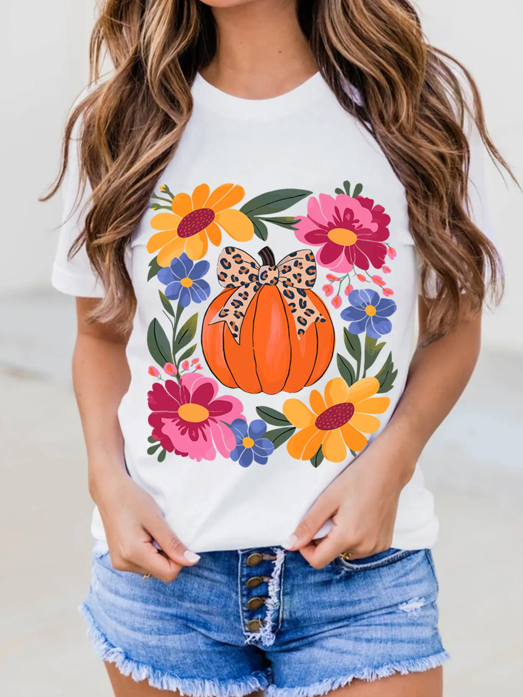 Sarah Express Women's Pumpkin Floral Graphic Round Neck T-Shirt
