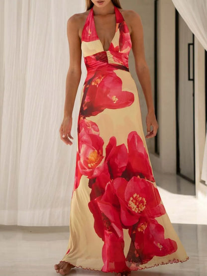 Sarah Express Women's Floral Halter Neck Deep V Maxi Dress