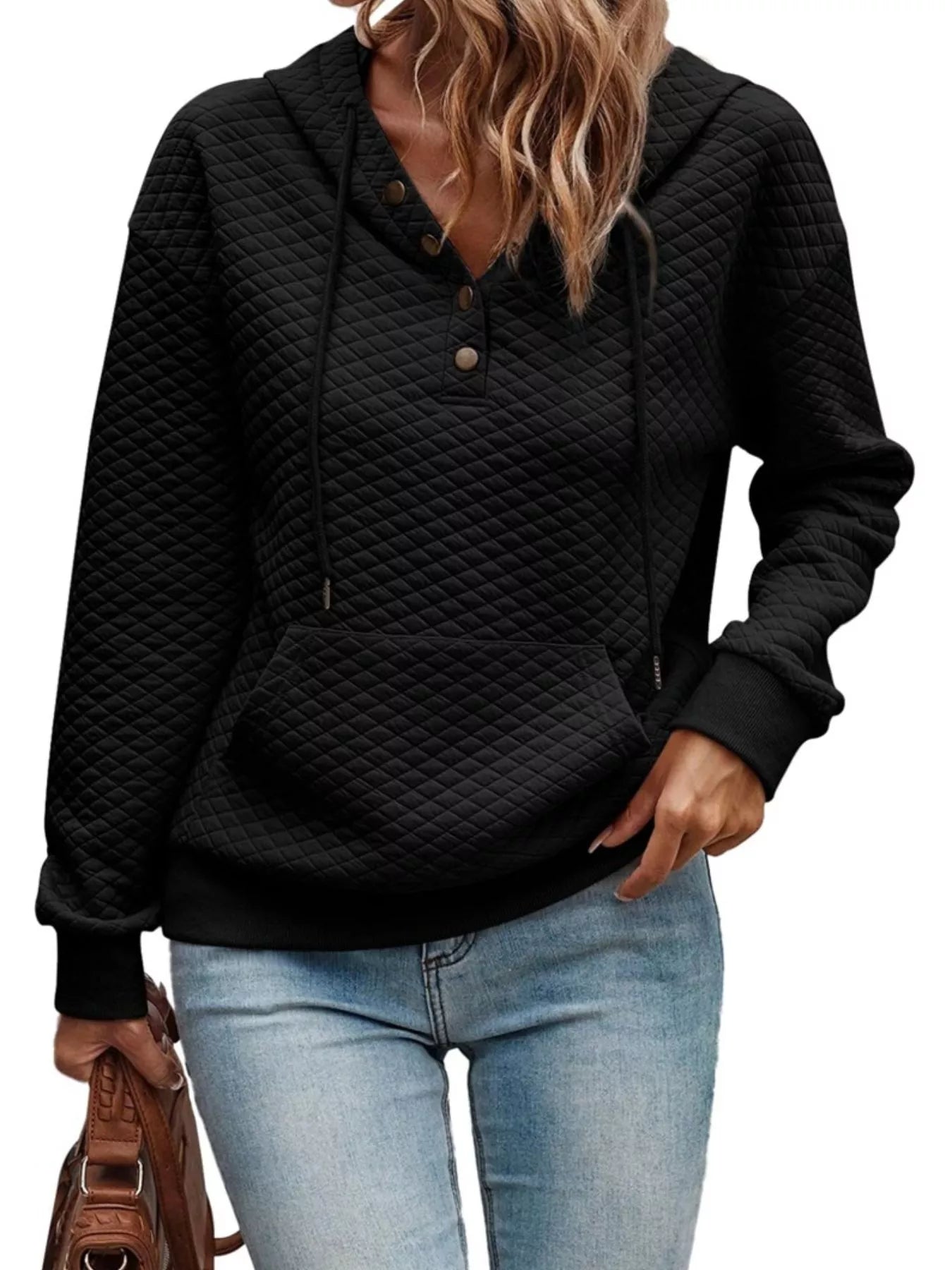 Sarah Express Women's Drawstring Textured Dropped Shoulder Hoodie Black