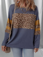 Sarah Express Women's Leopard Color Block Long Sleeve Drop Shoulder Top Dark Blue