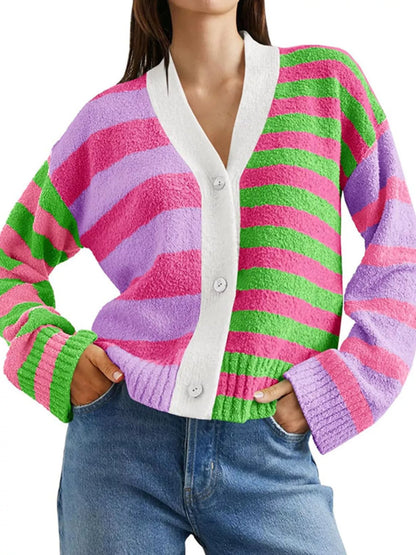 Sarah Express Women's Striped Knit Button-Down Cardigan Rose Red