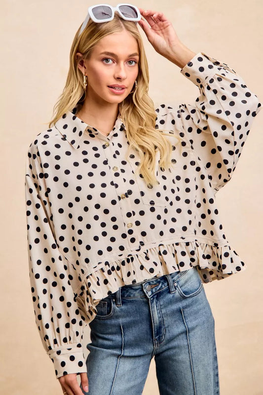 Sarah Express Women's Crinkle Polka Dot Ruffled Hem Button Up Shirt Top