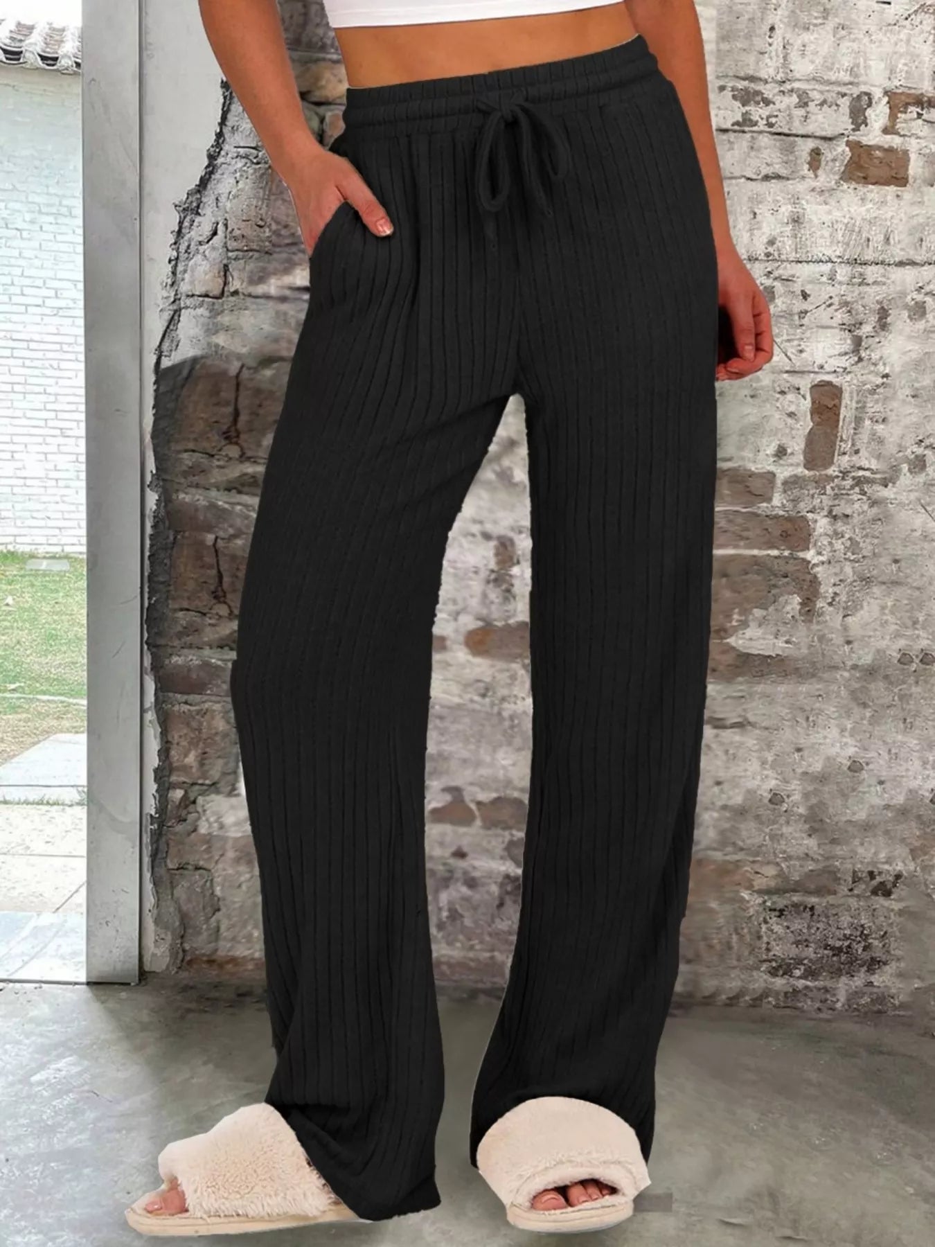 Sarah Express Women's Ribbed Knit Joggers with Pockets - Drawstring Waist Lounge Pants