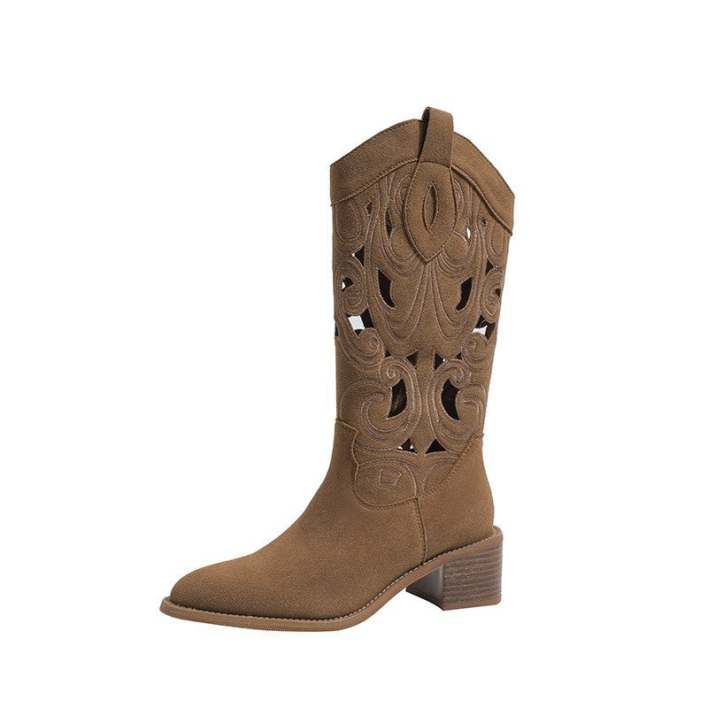 Sarah Express Embroidered Western Cowboy Boots With Chunky Heels And V Neck Cutout Knight Boots
