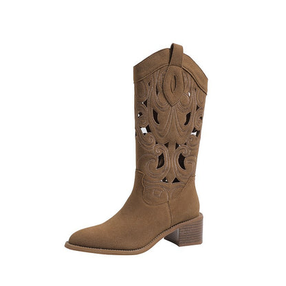 Sarah Express Embroidered Western Cowboy Boots With Chunky Heels And V Neck Cutout Knight Boots