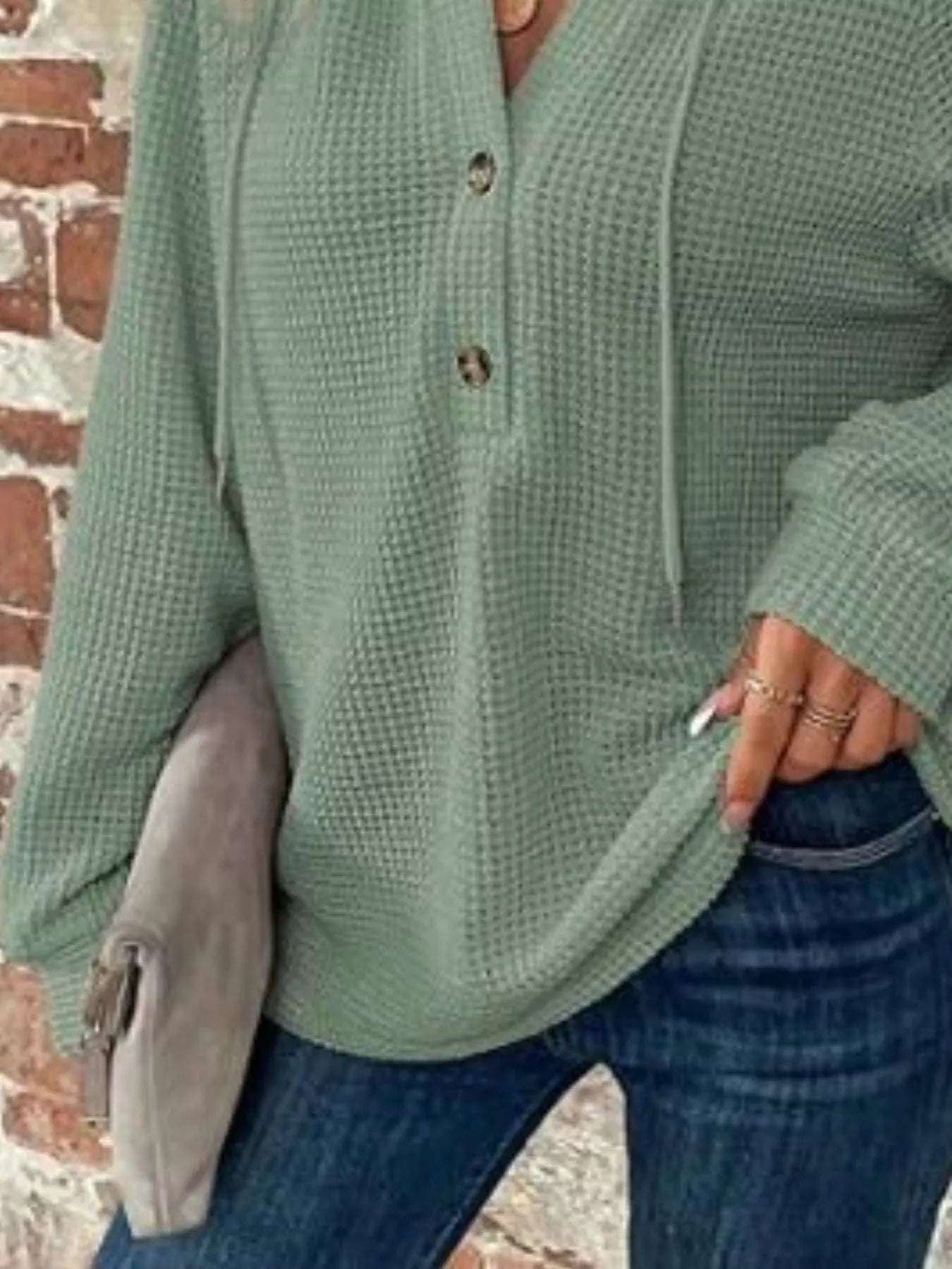 Sarah Express Women's Waffle Knit Button Detail Hoodie