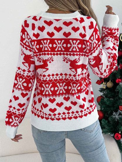 Sarah Express Women's Christmas Deer Pullover Sweater - Festive Holiday Knit Long Sleeve