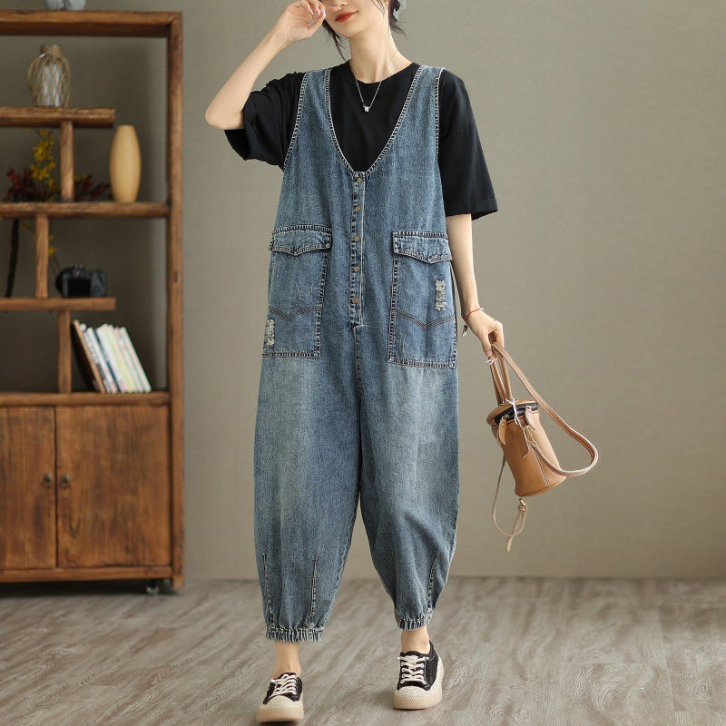 Sarah Express Women's Denim-Style Tank Top Jumpsuit - Summer Casual Cropped Ankle Length Sleeveless S-XL