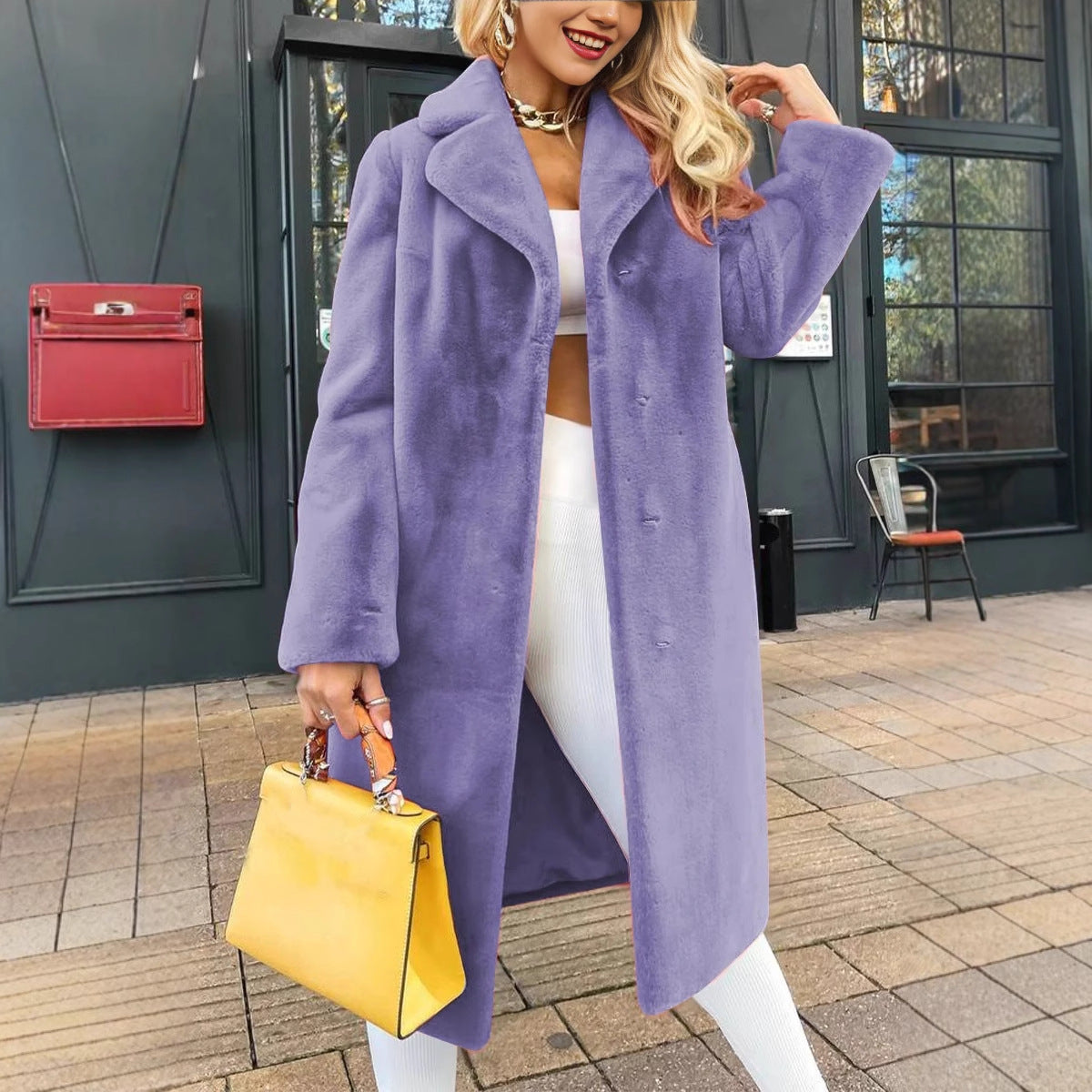 Sarah Express Lace-Up Plush Long Coat Turn-Down Collar Outerwear