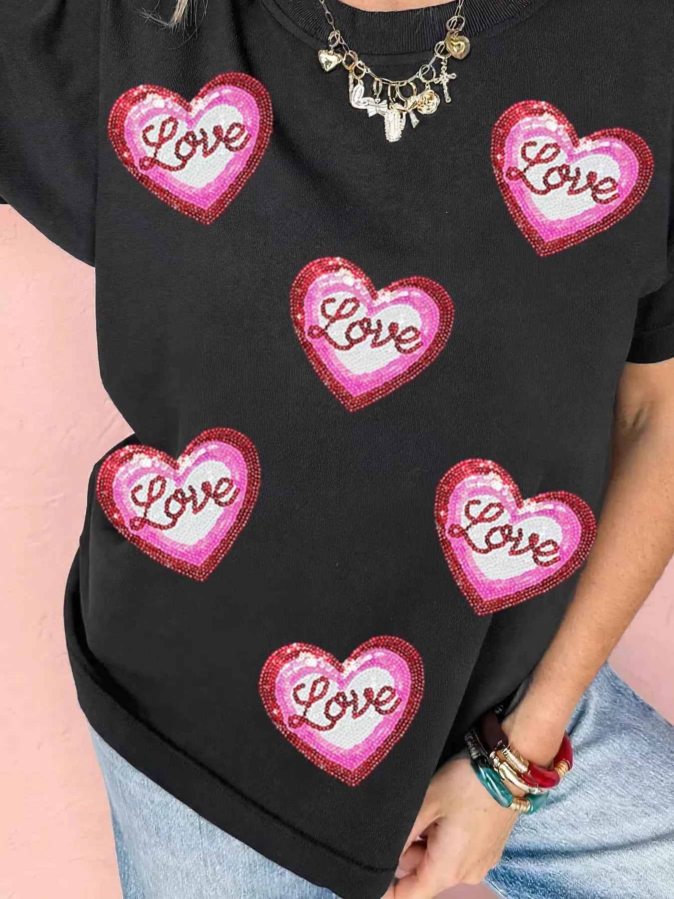 Sarah Express Women's Sequin Love Heart Patched Crew Neck Tee