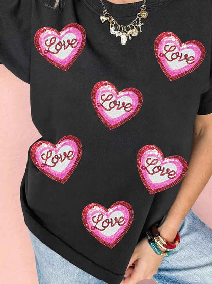 Sarah Express Women's Sequin Love Heart Patched Crew Neck Tee