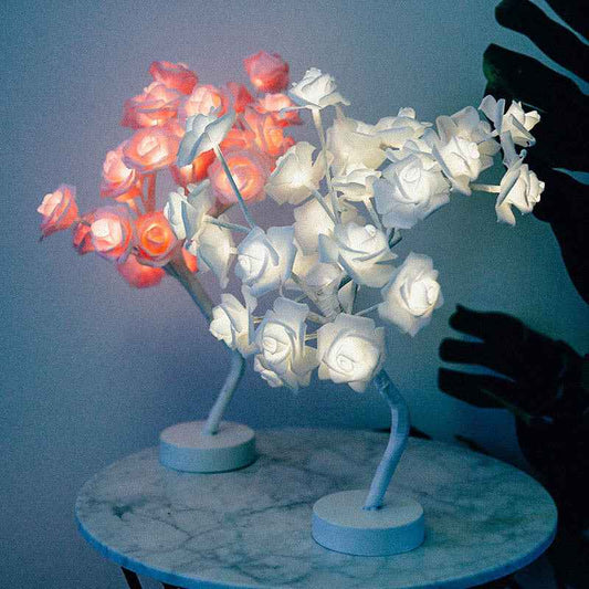 Sarah Express Rose Flower LED Table Lamp - USB Battery Operated Bonsai Tree Night Light for Bedroom Home Decor
