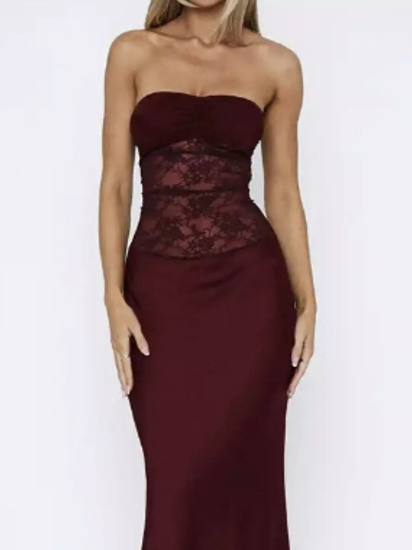 Sarah Express Women's Lace Corset Maxi Dress - Elegant Evening Gown for Weddings & Formal Events Wine Red