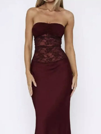 Sarah Express Women's Lace Corset Maxi Dress - Elegant Evening Gown for Weddings & Formal Events Wine Red